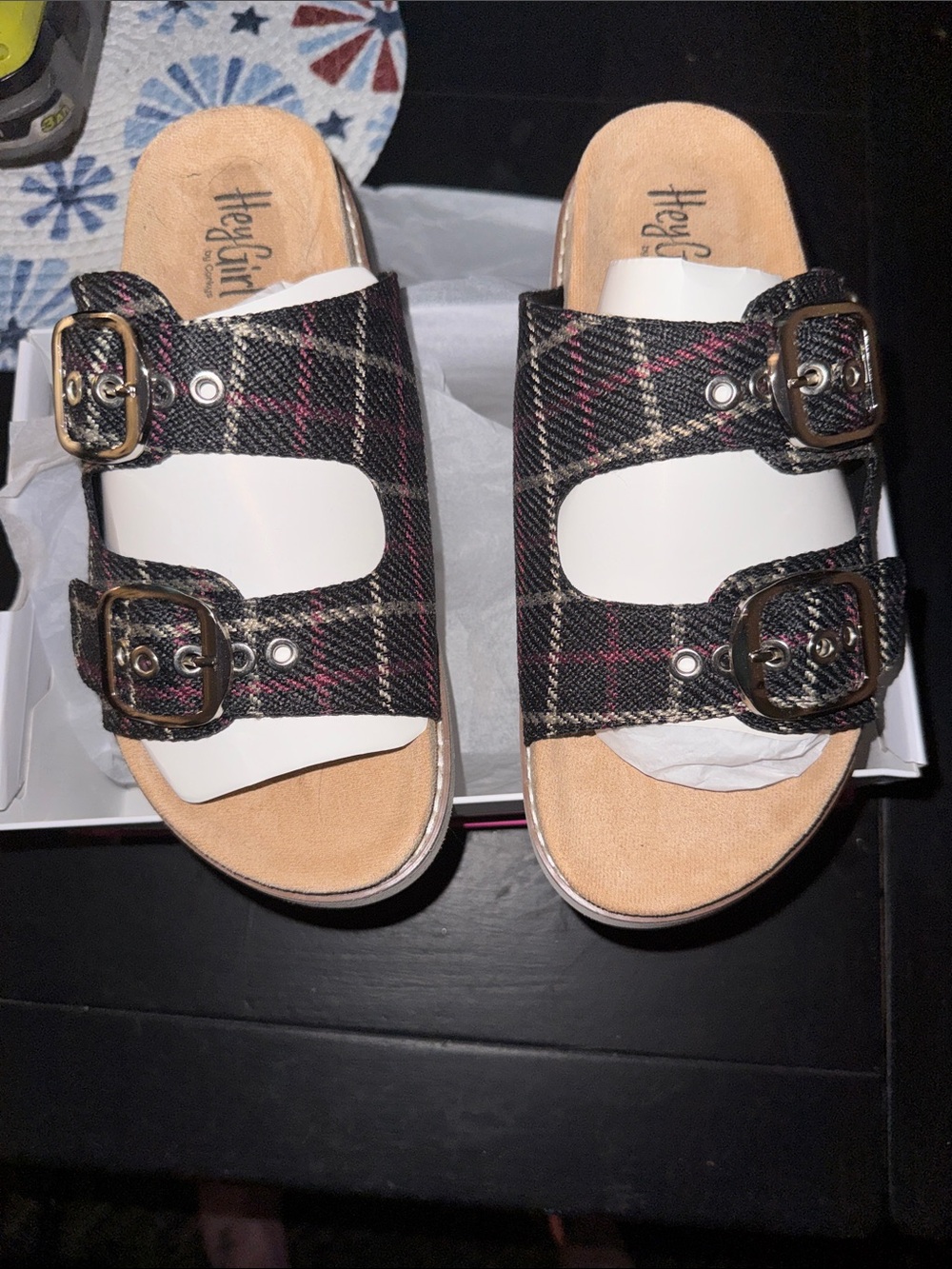 Corkys Black Plaid Double-Buckle Slide Sandals